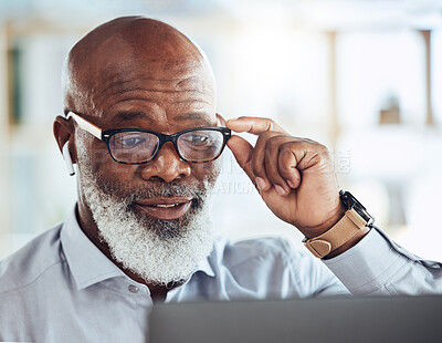 Buy stock photo Black man, business glasses and reading laptop in corporate office, online news article and website. Mature manager, computer technology and earphones for video call, virtual working and management