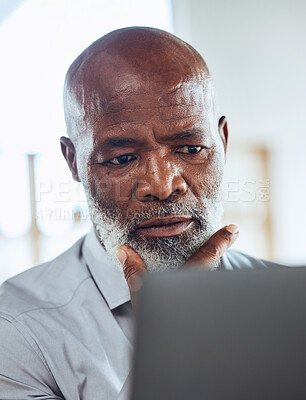 Buy stock photo Ceo, black man and thinking with glitch, stress and anxiety in workplace, computer and deadline. African American male leader, manager and entrepreneur with confusion, research and connection issues