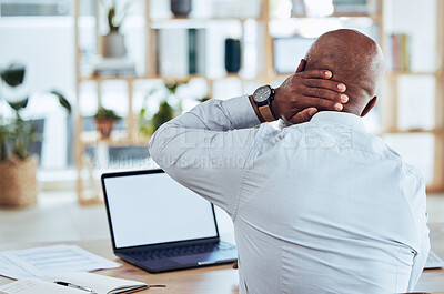 Buy stock photo Neck pain, laptop and back of business man in office with joint injury, health risk and bruise. Head of worker, muscle problem and body fatigue from bad posture, stress and burnout with mockup screen