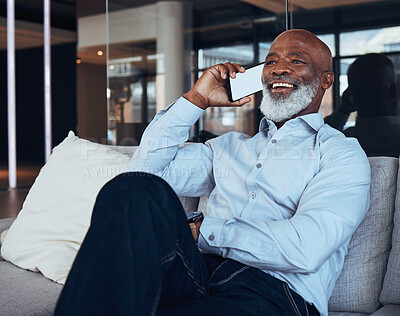 Buy stock photo Phone mockup, call and black man laughing for business discussion, mobile cellphone or connection. Happy male worker, communication and smartphone for contact, consulting and network in office lounge