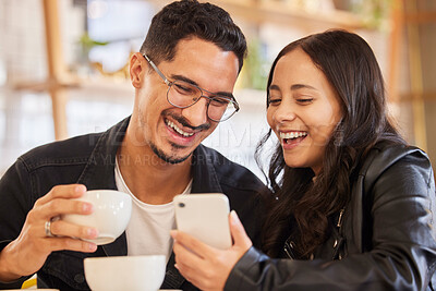 Buy stock photo Love, couple in cafe and smartphone for social media, connection and quality time to relax. Romance, happy man and woman with cellphone, coffee shop and bonding on break, happiness or loving together