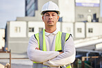 Portrait, man and engineer with arms crossed in city with pride for career and job. Architect face, construction and serious, proud and confident male contractor or professional with success mindset.