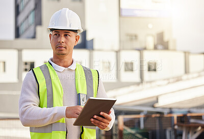 Buy stock photo Architect man, outdoor and tablet with vision, thinking and leadership on city rooftop for property development. Urban architecture expert, digital planning and focus for analytics, design and goals