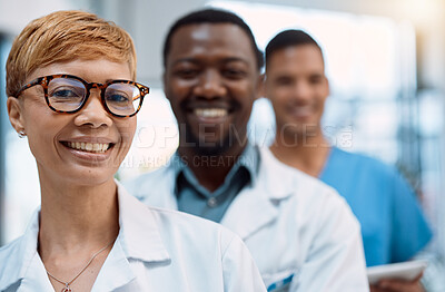 Buy stock photo Black woman, portrait and doctors smile for teamwork, healthcare leadership and hospital management. Group, happy medical employees and face of clinic collaboration, surgery trust or medicine support