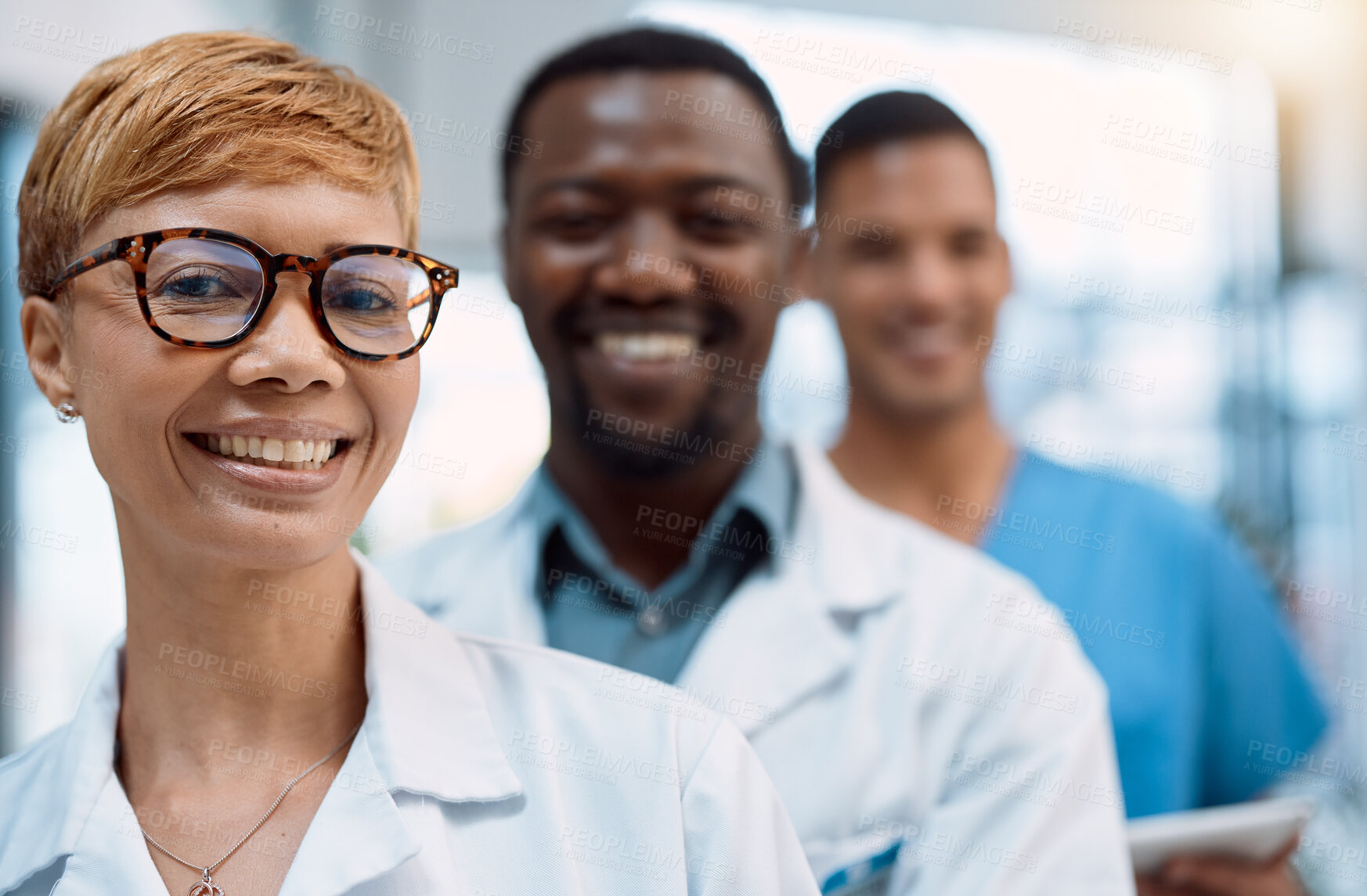 Buy stock photo Black woman, portrait and doctors smile for teamwork, healthcare leadership and hospital management. Group, happy medical employees and face of clinic collaboration, surgery trust or medicine support