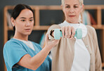Patient hand, dumbbell and physiotherapy rehabilitation nurse help for fitness, muscle and support. Healthcare physiotherapist woman with elderly person for physical therapy and stretching exercise