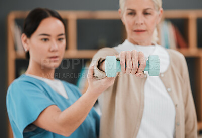 Buy stock photo Patient hand, dumbbell and physiotherapy rehabilitation nurse help for fitness, muscle and support. Healthcare physiotherapist woman with elderly person for physical therapy and stretching exercise