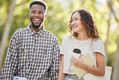 Buy stock photo Love, couple and friends outdoor, walking and happiness with joy, quality time and relax together. Romance, black man and woman on campus, students and cheerful for relationship, summer and break
