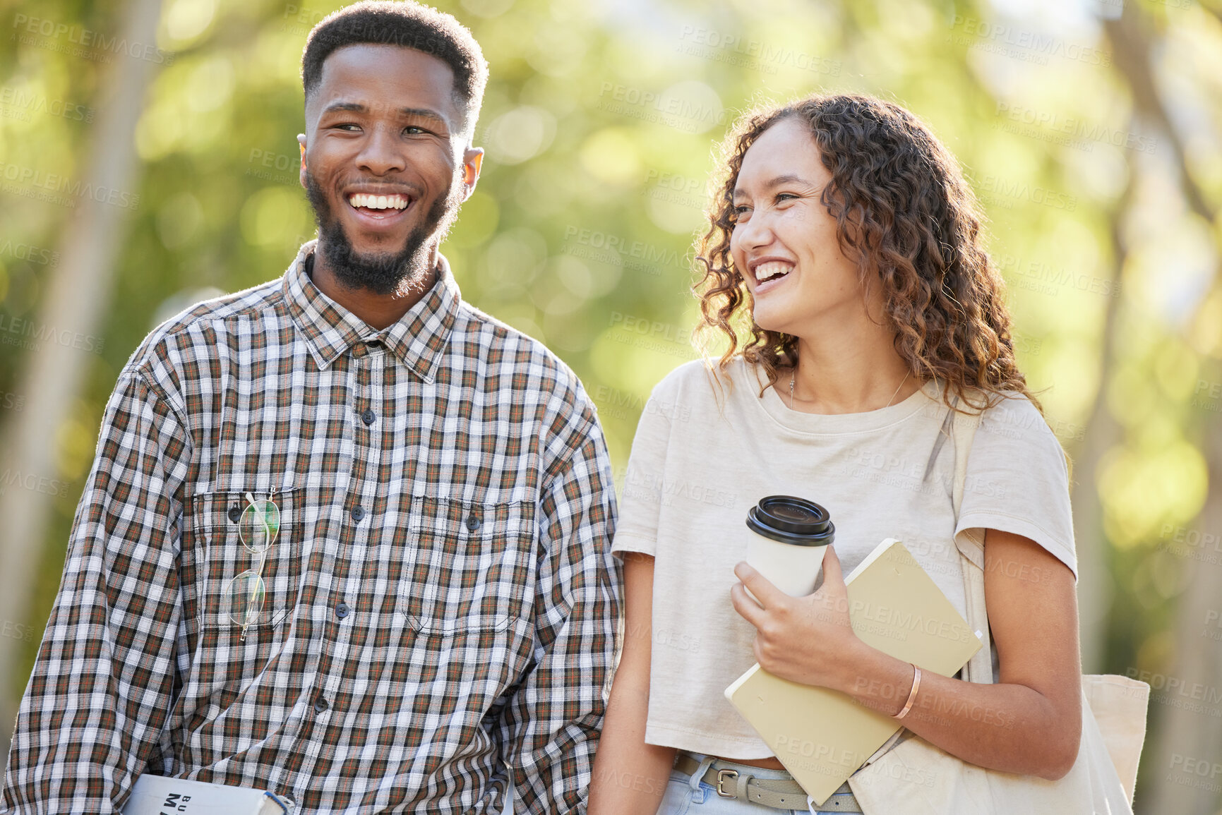 Buy stock photo Love, couple and friends outdoor, walking and happiness with joy, quality time and relax together. Romance, black man and woman on campus, students and cheerful for relationship, summer and break