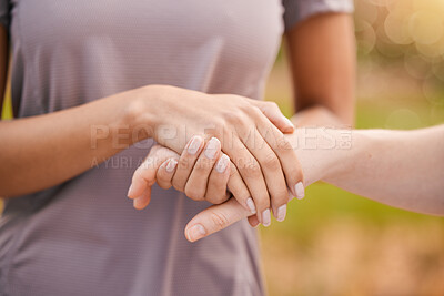 Buy stock photo Hands, trust and support with friends outdoor together in a show of unity, solidarity or comfort. Love, empathy and care with a female comforting or consoling a friend outside for compassion