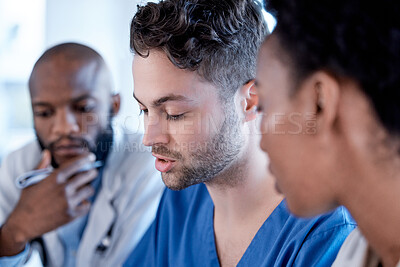 Buy stock photo Planning, discussion and team of doctors meeting for healthcare brainstorming, teamwork and research analysis. Diversity people, medical professional or nurses talking or manager speaking of results 