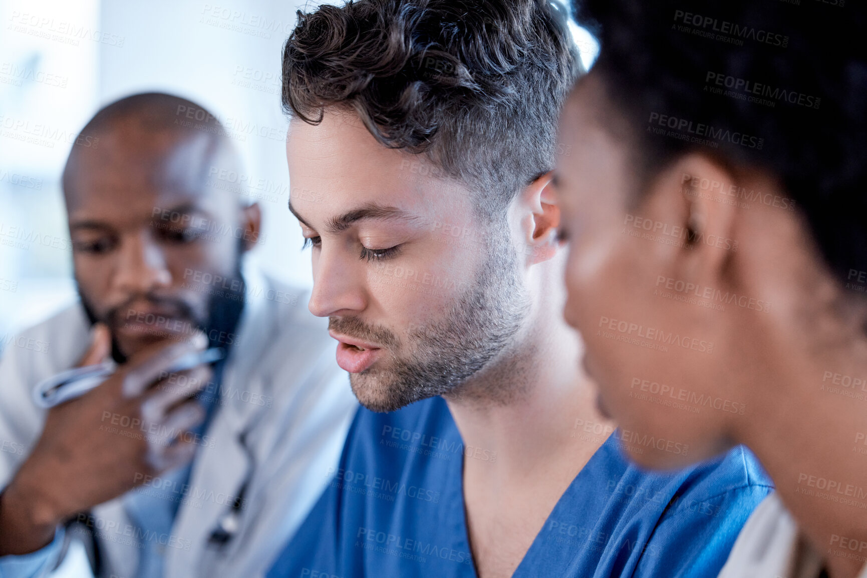 Buy stock photo Planning, discussion and team of doctors meeting for healthcare brainstorming, teamwork and research analysis. Diversity people, medical professional or nurses talking or manager speaking of results 