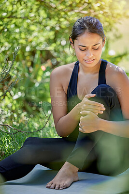 Buy stock photo Fitness. exercise and a woman outdoor with leg pain or injury after yoga workout or training. Athlete person in nature forest with sport accident, arthritis or health problem with hands on knee