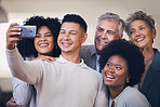 Call center, men and women in office selfie for happiness, diversity or smile for teamwork. Asian man, old woman and black people in tech support for profile picture on social media app on smartphone