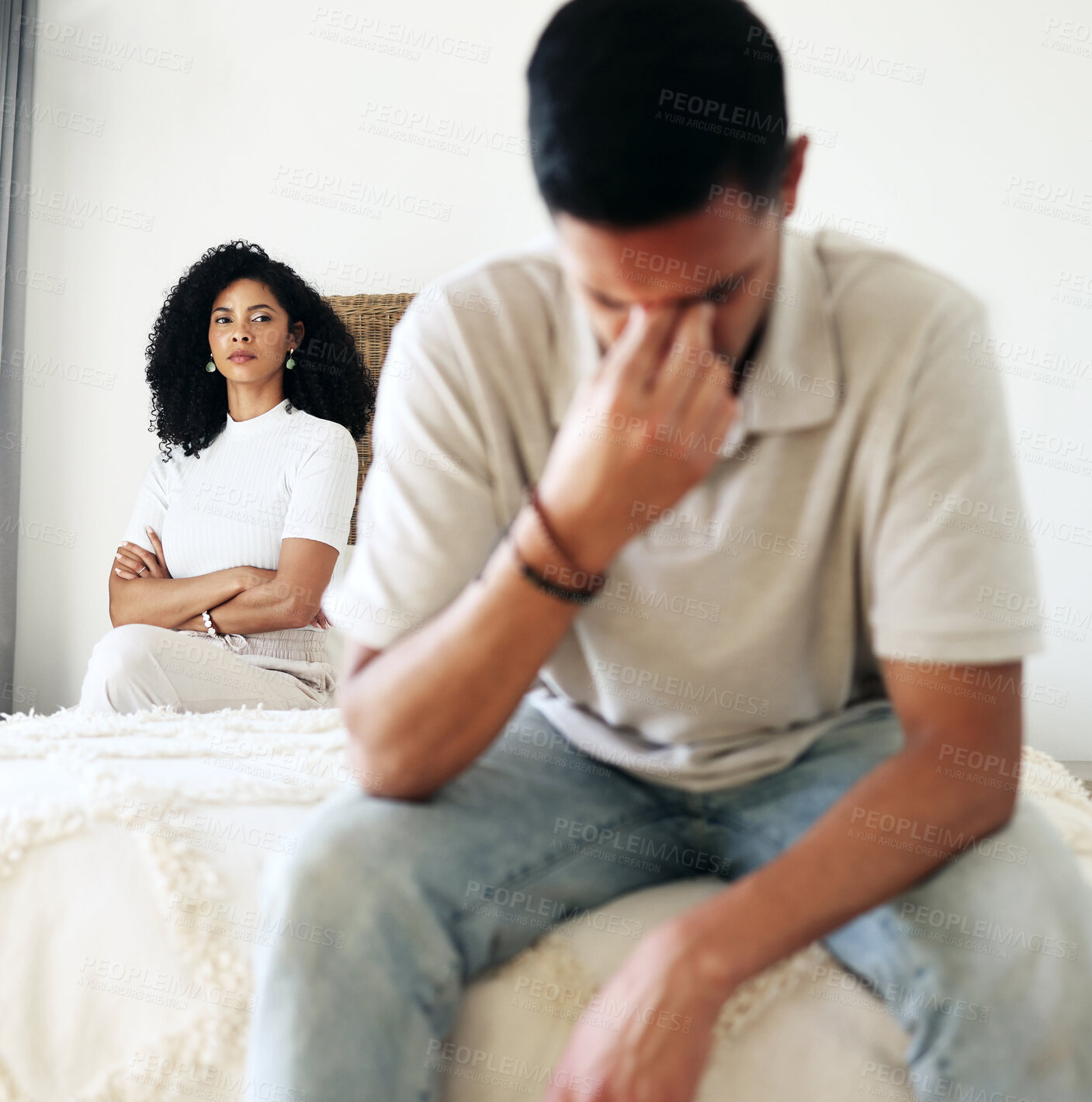 Buy stock photo Divorce, sad and couple breakup or fighting in a bedroom unhappy with relationship due o cheating in a home or house. Woman, man or people with stress arguing in sadness due to infidelity