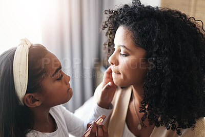 Buy stock photo Makeup, bonding and child with mother for lipstick, applying cosmetics and morning routine. Beauty, together and mom and girl kid playing with cosmetic fun, childhood and quality time at home
