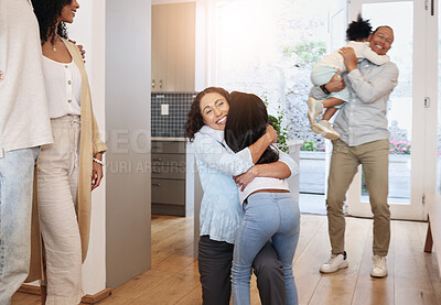 Buy stock photo Hug, happy and family in a house for a visit, excited and showing affection. Smile, affectionate and grandparents hugging children, bonding and reunited while visiting during retirement together