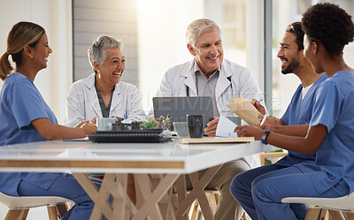 Buy stock photo Medical research, planning. or funny doctors in meeting for a strategy working in hospital for healthcare. Happy smile, teamwork or nurses laughing talking or speaking of innovation or ideas together