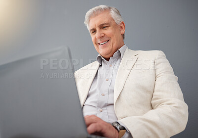 Buy stock photo Senior business man, laptop and studio background for planning, online strategy and email website. Happy executive ceo working on computer technology, corporate management and professional smile