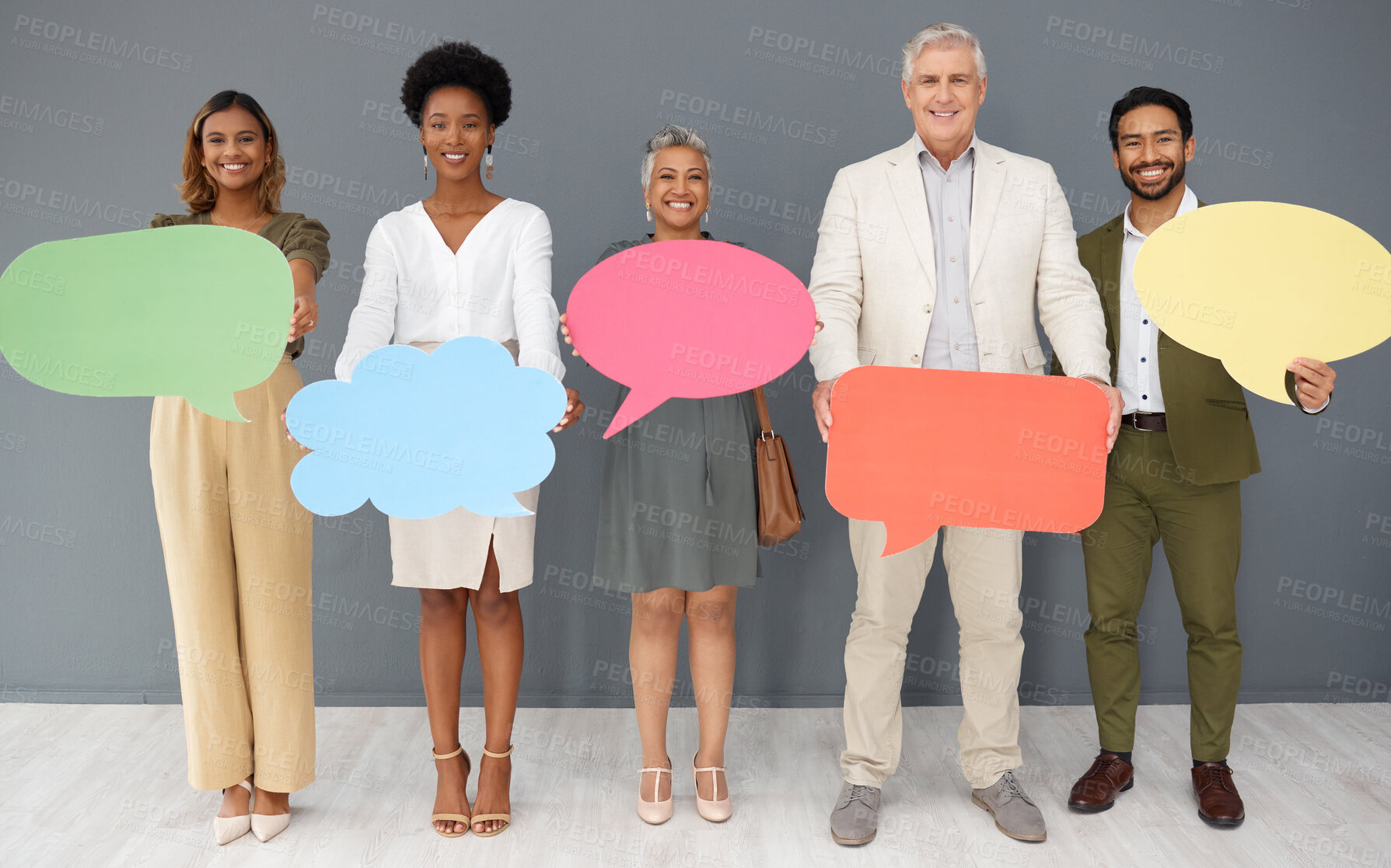 Buy stock photo Feedback, portrait and mockup with business people and speech bubble for voice, social media and forum. Opinion, vote and branding with group and chat sign for idea, communication and message icon