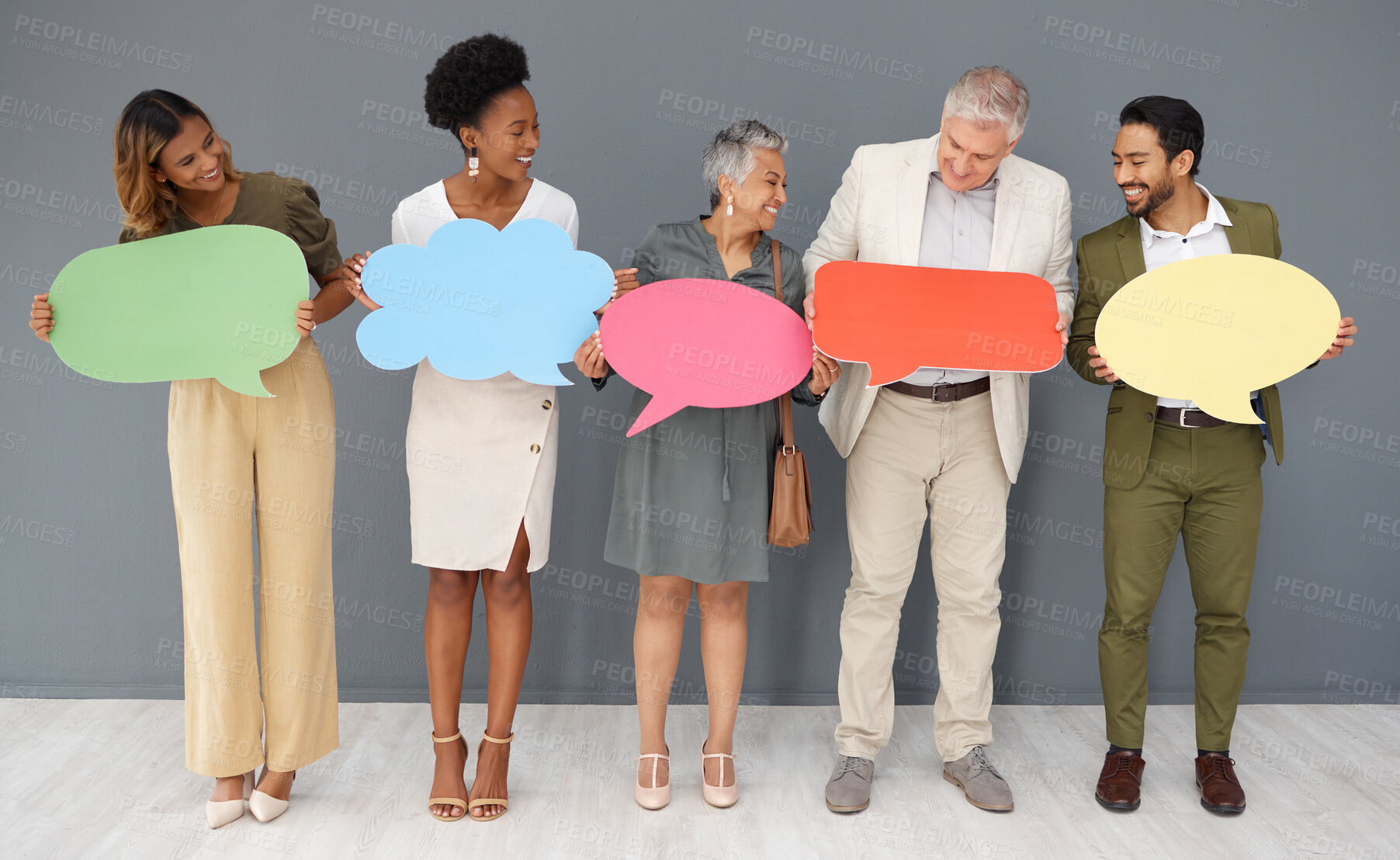 Buy stock photo Feedback, survey and mockup with business people and speech bubble for voice, social media and forum. Opinion, vote and branding with group and chat sign for idea, communication and text message icon