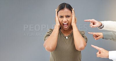 Buy stock photo Shouting, pointing and fingers with portrait of woman for bullying, shame and accusation with mockup. Fraud, blame and judgment with employee for negative, conflict and responsible in workplace