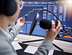 Stock market podcast, microphone and digital graph of investment growth with radio presenter. Fintech influencer, stocks chat and trading information communication of social media online speaker 