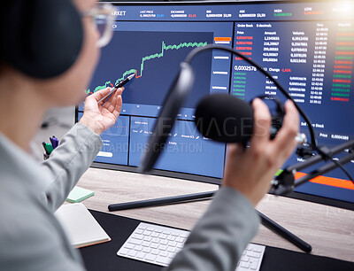 Buy stock photo Stock market podcast, microphone and digital graph of investment growth with radio presenter. Fintech influencer, stocks chat and trading information communication of social media online speaker 