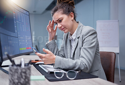 Buy stock photo Sad, stock market and stress business woman lose or fail or disappointed in trading and frustrated in office with a headache. Employee, burnout and corporate worker depressed by data or crypto crash