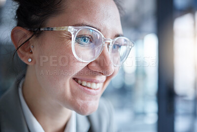 Buy stock photo Face, happy and glasses with a business woman closeup working in the office on growth or development. Smile, vision and eyewear with a female employee at work in a corporate workplace for success