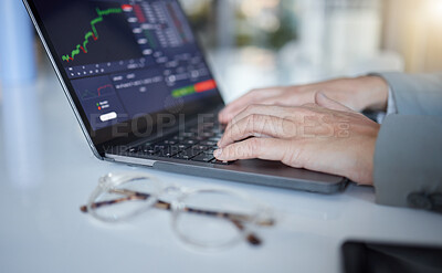 Buy stock photo Hands, laptop and typing in trading for cryptocurrency, NFT or blockchain monitoring, chart or profit of investment. Hand of trader, investor or broker with computer on stock market for ecommerce