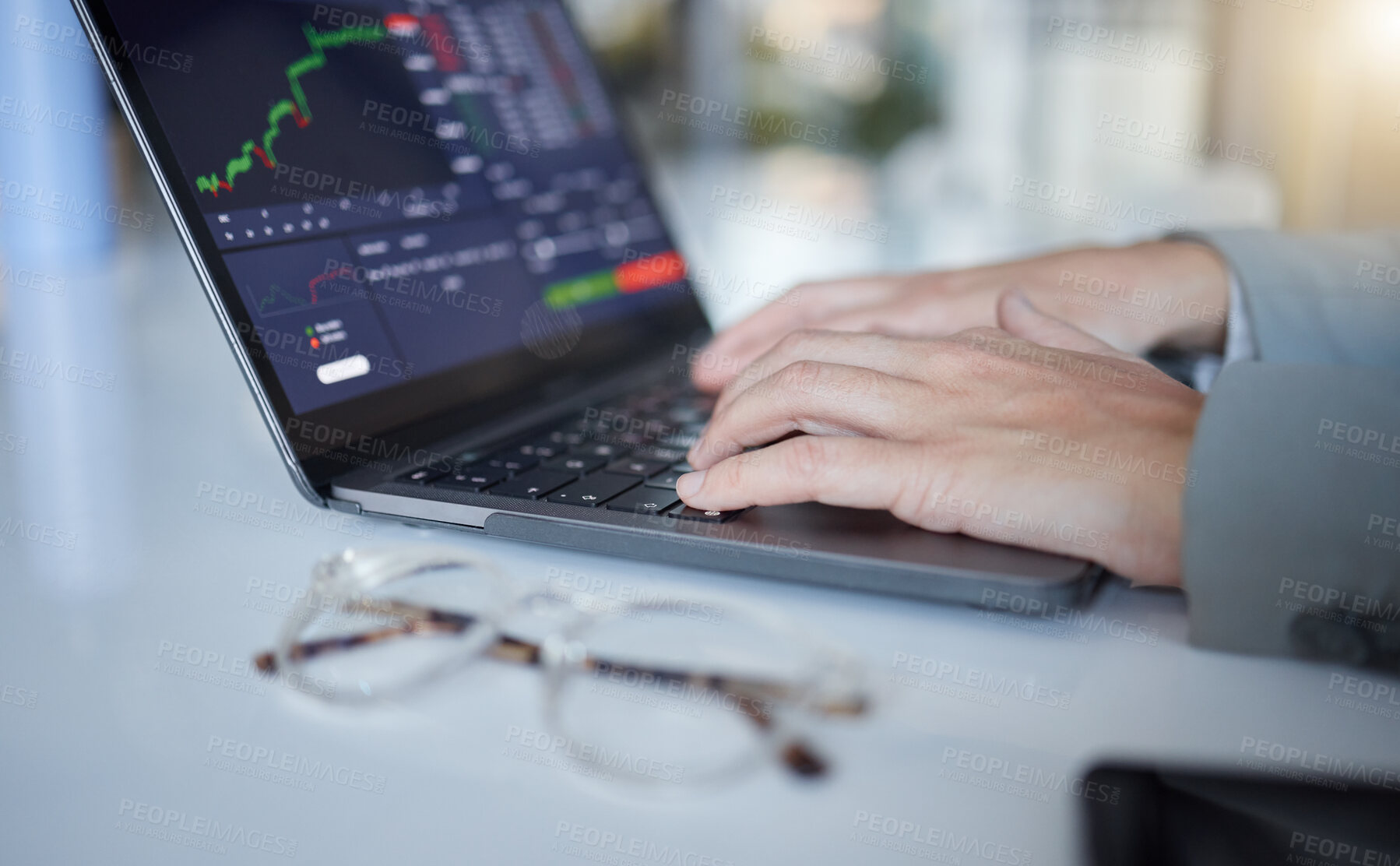 Buy stock photo Hands, laptop and typing in trading for cryptocurrency, NFT or blockchain monitoring, chart or profit of investment. Hand of trader, investor or broker with computer on stock market for ecommerce