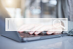 Hands, laptop and search bar for research, question or query on information, data or knowledge at the office desk. Hand of employee browsing on computer for online lookup, inquiry or IoT on mockup