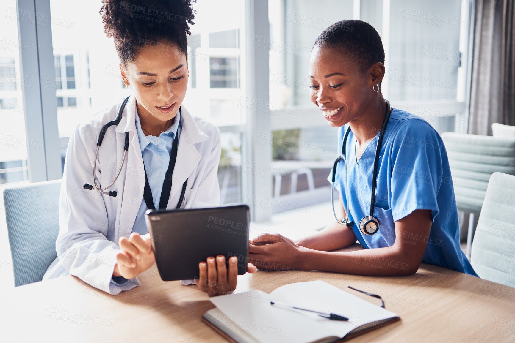 Buy stock photo Tablet, black woman or doctors with medical research reading news or tests results in hospital together. Teamwork, digital tech or African nurses planning or speaking of healthcare report on website