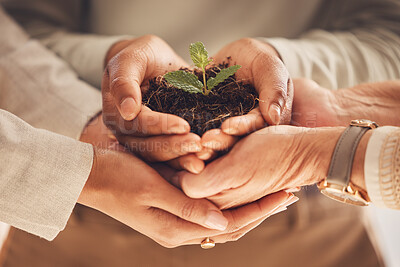 Buy stock photo Ecology, soil and plant with team and hands, solidarity for environment and nature for Earth Day awareness and agriculture. Growth, support and sustainability with business people and collaboration