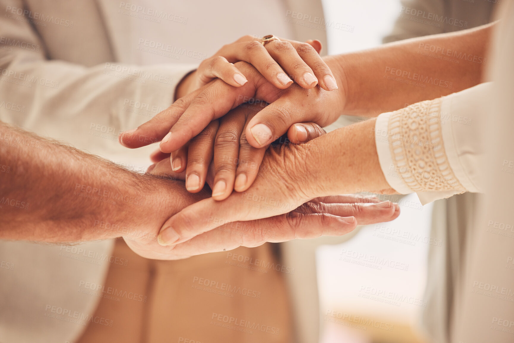 Buy stock photo Business people, hands together and unity for goal or teamwork in trust, collaboration or support at office. Group piling hand in team building for cooperation, motivation or success in union