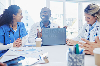 Buy stock photo Healthcare, meeting and doctors on laptop for research, planning and surgical innovation at hospital. Doctor, team and health experts brainstorm, problem solving or discussing online project together