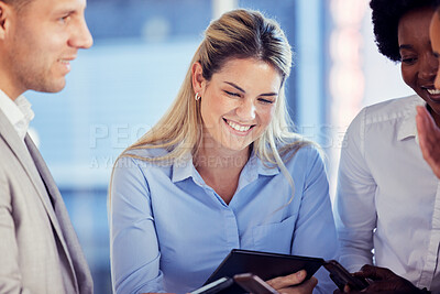 Buy stock photo Happy, smile and business people on tablet in office for planning, strategy and project management. Teamwork, discussion and workers working on digital tech for email, internet and social network