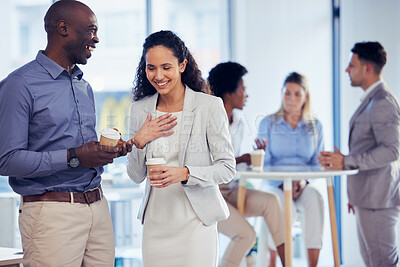 Buy stock photo Business people, black man and woman in office with laugh, coffee or conversation for team building. Group, executive and comic joke for happiness, chat or drink break with networking in workplace