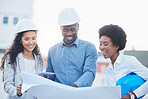 Engineering, blueprint or funny team on construction site with a blueprint for real estate development. Designers laughing, architecture meeting or black people planning a building renovation project