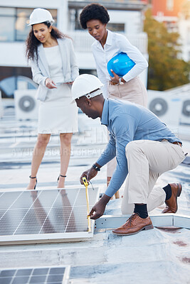 Buy stock photo Black man, roof and solar panel installation team of construction worker technician outdoor. Businessman, renewable energy and industrial eco friendly panels of maintenance employee and handyman