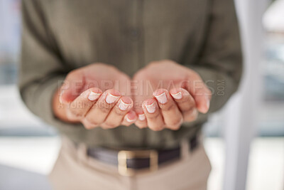 Buy stock photo Hands, open and ask by business person begging for support, aid and help in an office for charity due to poverty. Closeup, compassion and employee palms for donation or kindness in a workplace