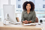 Happy, smile and computer with portrait of black woman in office for proposal, executive and corporate project. Technology, internet and professional with employee for email, report and research