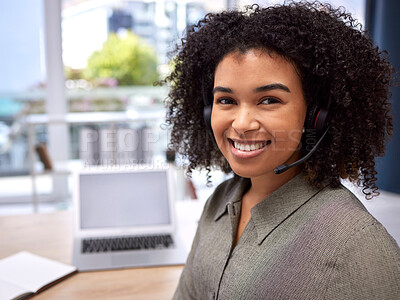 Buy stock photo Portrait, video call and remote work with a business black woman using a headset for communication. Virtual meeting, networking and contact with an attractive young female working remotely from home