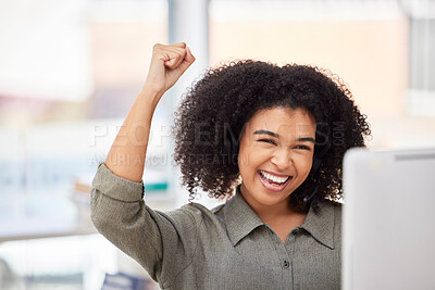 Buy stock photo Black woman success celebration on computer in office, happy and excited for winning deal, sales or profit. Good news of businesswoman or female winner with fist pump or yes on desktop pc for target