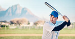 Baseball bat, athlete and mountain of a professional player waiting for pitch outdoor. Sport field, fitness and sports helmet of a man doing exercise, training and workout for a game with mockup