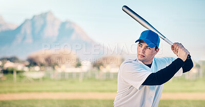 Baseball bat, athlete and mountain of a professional player waiting for pitch outdoor. Sport field, fitness and sports helmet of a man doing exercise, training and workout for a game with mockup