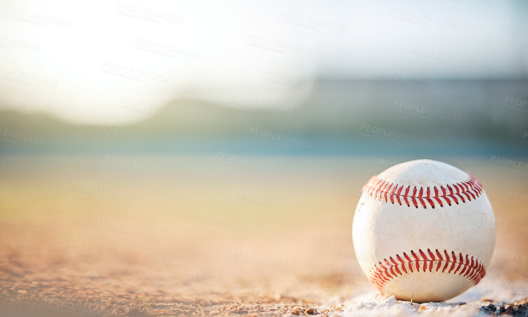 Buy stock photo Sports, field and mockup with a baseball on the ground during a comeptitive game outdoor during summer. Fitness, exercise and a leather ball outside, ready for a match or training workout