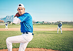 Sports, pitcher and fitness with man on field for throwing, workout or training for competition match. Cardio, exercise and strike with athlete playing in outdoor stadium for game, practice or action