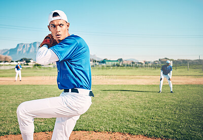 Buy stock photo Sports, pitcher and fitness with man on field for throwing, workout or training for competition match. Cardio, exercise and strike with athlete playing in outdoor stadium for game, practice or action